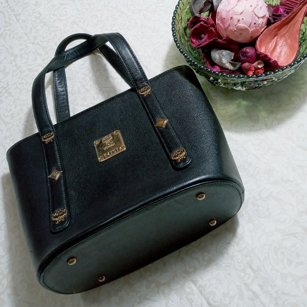 MCM Small BLACK Leather Satchel Bucket Style